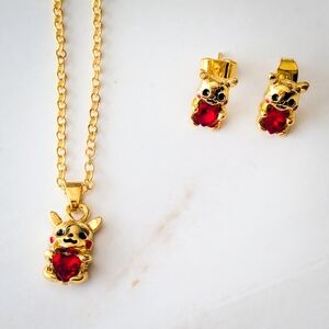 Pikachu 18k Gold Plated Jewelry Set Necklace & Stud Earrings